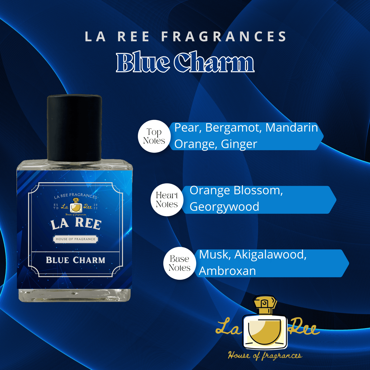 Blue Charm perfume by La Ree Fragrances, inspired by Blue Talisman, with pear, bergamot, orange blossom and musk fragrance notes