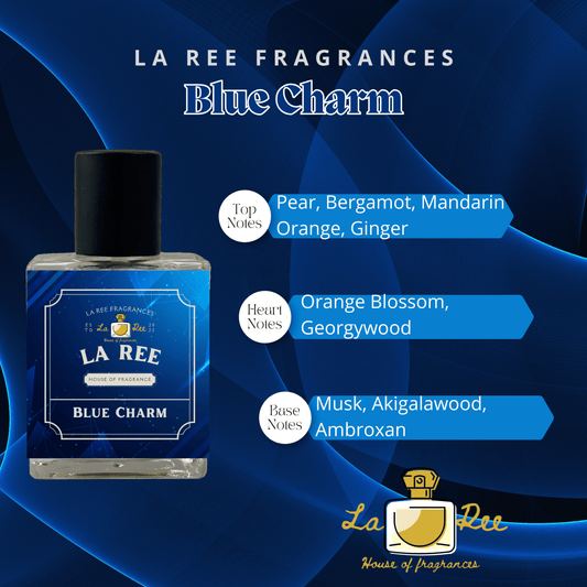 Blue Charm perfume by La Ree Fragrances, inspired by Blue Talisman, with pear, bergamot, orange blossom and musk fragrance notes