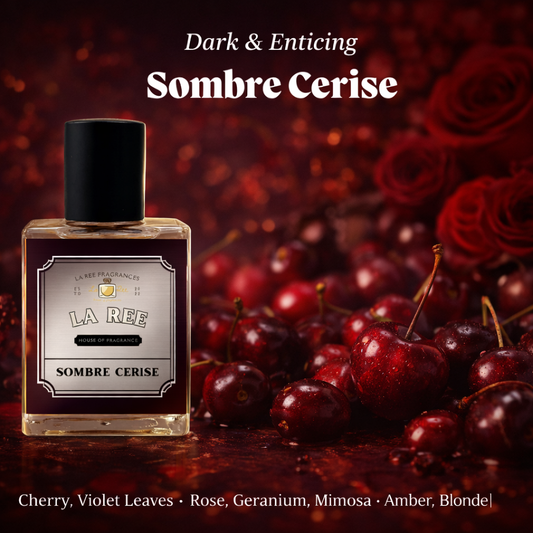 Sombre Cerise perfume by La Ree Fragrances, inspired by French Defense, with cherry, rose, amber and cedarwood fragrance notes